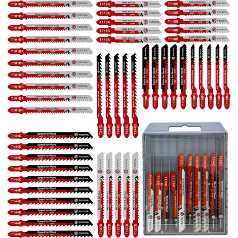 Jigsaw Blades - 50 Pieces HSS/HCS T-Shank Jigsaw Blade Set for Cutting Metal, Wood, Plastic (T118A,T118B,T127D,T119B,T119BO,T101BR,T144D,T244D) (1/5)