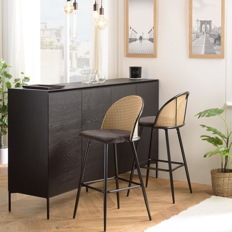 LEA - Lot de 2 tabourets bar assise tissu noir dossier effet cannage (1/5)