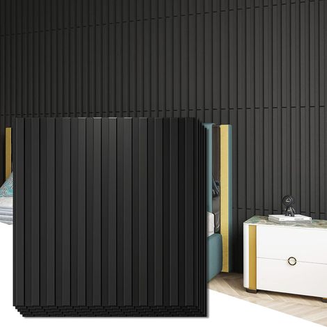 Lot de 12 Panneau Mural à Lattes, Panneaux Bois Panneaux Muraux  50 x 50cm, 3㎡, Noir (1/5)