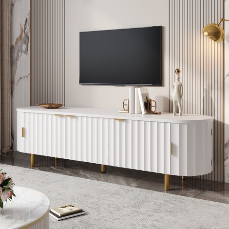 Meuble TV 170 cm, banc TV bas avec 5 portes façade cannelée et bords arrondis, rangement salon moderne, pieds métal, blanc (1/5)