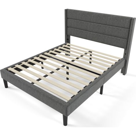 Letto capitonné 140 x 200 cm con rete a doghe e testiera, tessuto effetto lino grigio scuro (1/5)