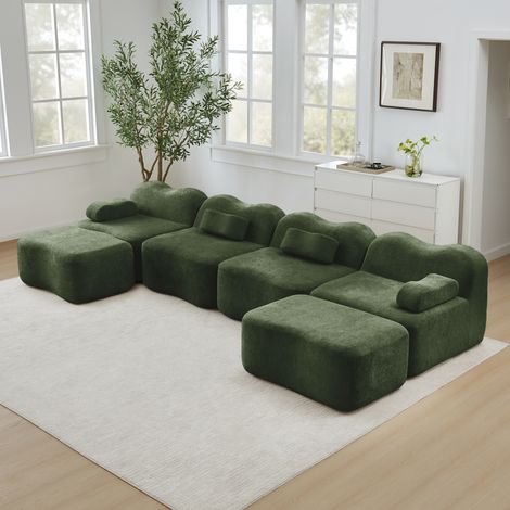 REDOM Sofá rinconero modular de 4 plazas, forma ondulada, asiento profundo, reposabrazos ergonómicos, terciopelo verde (1/5)