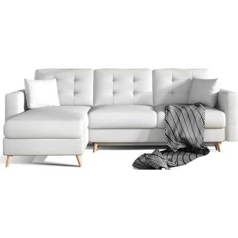 Divano angolare trasformabile HASGARD 3 posti bianco 248x162 cm - con vano contenitore e piedi in legno