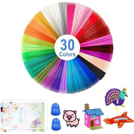Filament de Stylo 3D 30 Couleurs Filament PLA 1.75 mm Chacun 5M avec 1 album de peinture et 2 gants de doigt