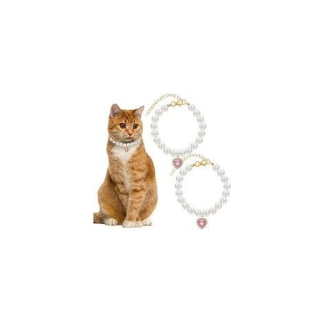 Collar de perlas para gato, 2 piezas, colgante en forma de corazón, con cristales, lindo, para mascotas, tamaño ajustable, accesorios para perros pequeños, cachorros y gatos, para bodas (1/5)