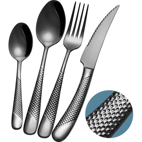 couverts de table 24 pieces martelées noirs avec couteau dentelé 2 en 1, menagere inox 18/10 6 personnes, couvert plaqu titane noires couteaux, fourchettes, cuillères (1/5)