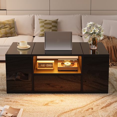 Table basse (100 x 50 x 40 cm), table d'appoint avec tiroir, table de salon vitrée avec deux armoires, meuble TV brillant à bandes LED, table à café noire à 6 compartiments de rangement (1/5)