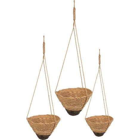 Set 3 cestos colgantes de fibra natural marrones
