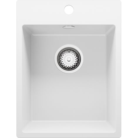 PRIMAGRAN Evier Cuisine en Granit 38x50cm, Lavabo 1 bac + Kit de Vidage, Évier à Encastrer au meuble 40cm - Riga, Blanc
