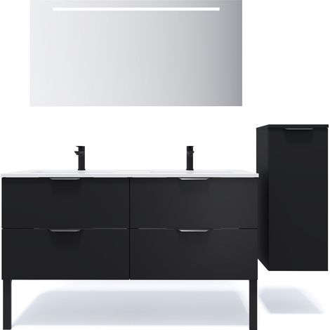 Meuble de salle de bain suspendu double vasque intégrée 140cm 4 tiroirs Noir + miroir + colonne ouverture droite - Soho (1/5)
