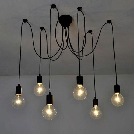 1 Lustre suspension rétro, 6 têtes E27, fer noir, réglable 1,5 m, style industriel vintage, salon salle à manger café (1/4)