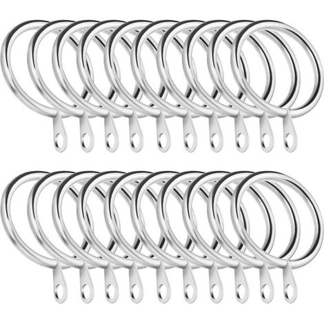 Juego de 20 anillas metálicas plateadas para cortinas de Ø 45 mm - Ganchos para colgar con ojales fijos - Accesorios resistentes para barras de cortinas de salón (1/5)