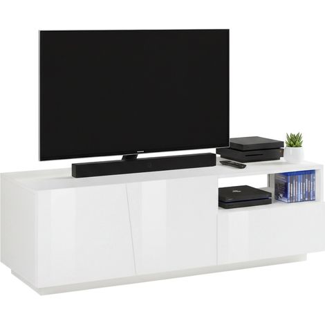 Dmora - Mobile porta TV Aiace, Credenza bassa da soggiorno a 2 ante, Base porta televisione, 100% Made in Italy, cm 150x43h46, Bianco lucido
