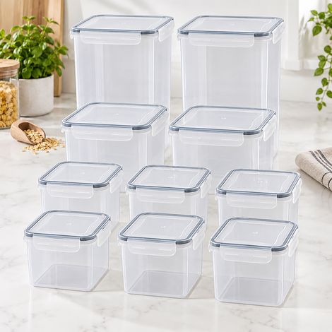 Relaxdays Botes Herméticos para Cocina Multitamaño, 10 Uds., Contenedores con Clic y Etiquetas, Plástico, Transparente (1/5)