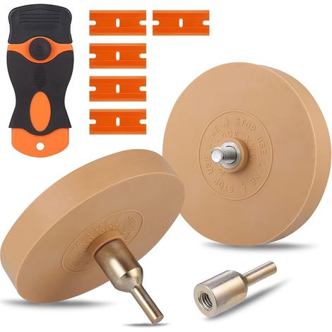 2 pcs Gomme enlève autocollants avec Adaptateur, Ø 88 mm, Roue de Gomme en Caoutchouc, Décalque de Voiture Dissolvant, gomme carrosserie pour éliminer les vinyle adhesif, avec 1 Mini Grattoir+5 Lames (1/5)