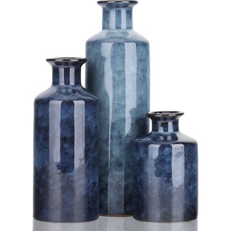 Lot de 3 petits vases à fleurs en céramique pour décoration d'intérieur, rustique, campagne, de salon, de table, de cheminée et d'entrée - Bleu (1/5)