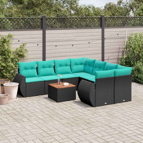 9-teiliges Gartensofa-Set mit Kissen, schwarzes Polyrattan (1/5)
