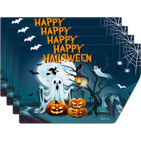 Lot de 4 Sets de Table Fantôme Citrouille d’Halloween, sous Assiette de Table Pleine Lune, Dessous Assietter Lavable Absorbant en Lin pour Cuisine, Salle à Manger, Fêtes Décoration 30x45cm (1/5)