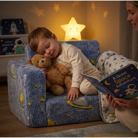 fauteuil enfant pliable bleu – motif fusée phosphorescent, housse lavable (1/5)