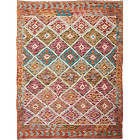 Tapis kilim 149 x 194 cm, motif ethnique, multicolore, bleu et orange, en laine, fabriqué au Pakistan (1/5)