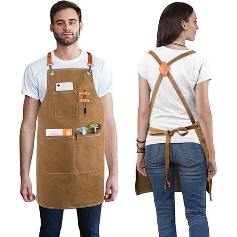 Verstellbare Arbeitsschürze aus Canvas für Damen und Herren mit Kreuzgurt, Küchenutensilienhalter und 3 Taschen, professionell für Grillen, Gartenarbeit und Bastelkurse (1/4)