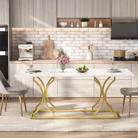 Grande Table à Manger 200x80 cm Effet Marbre pour 8-10 Personnes - Pieds Réglables Dorés - Design Moderne