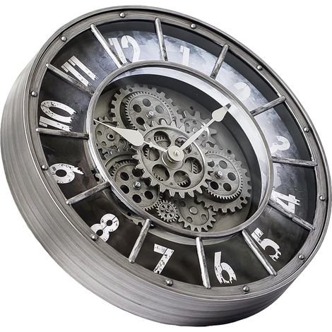 Horloge Murale à Engrenages Mobiles de 45,7 cm, décoration Industrielle Steampunk, Horloge Murale rétro en métal à Grands Chiffres pour Cuisine, Salon, Bureau, Salle d'étude (Silver) (1/5)
