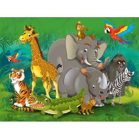 papier peint panoramique animaux de la jungle vert, gris et jaune  - Sanders & Sanders (1/5)