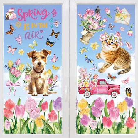 Le printemps est dans l'air  Stickers pour fenêtres : tulipes, fleurs, 9 feuilles. Décorations murales et vitrées : papillons, camions, chariots, fleurs, chats, chiens. (1/5)