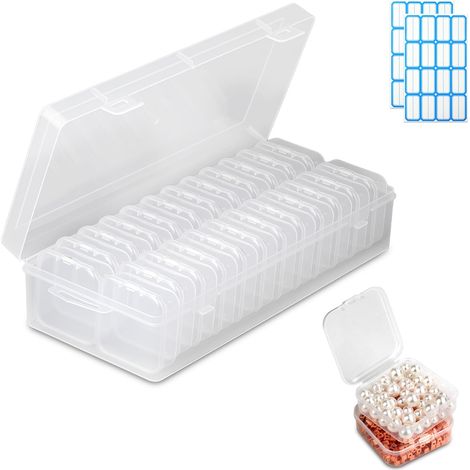 Lot de 24 petites boîtes de rangement avec couvercle 5,5 x 5,5 x 2 cm et 1 grande boîte de rangement transparente pour perles à repasser avec couvercle à charnière pour perles, bijoux, pilules, (1/5)