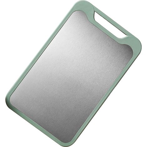 Planche à découper double face en acier inoxydable 304, idéale pour la viande, les légumes, les fruits, le poisson et le fromage. Verte, petite taille. (1/5)