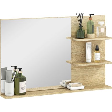 kleankin Specchio Bagno Moderno con 2 Ripiani Laterali e Ripiano Inferiore, Specchio da Parete in MDF e Vetro, 75x10x48 cm, Color Legno