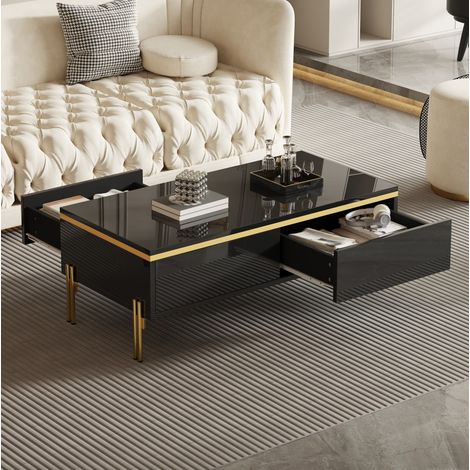 Tavolino da caffè moderno lucido nero con 2 cassetti nascosti e gambe in metallo 100x50x36 cm OKWISH (1/5)