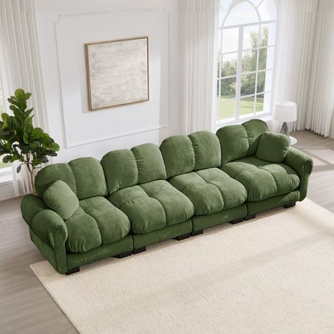 Canapé modulable 4 places en chenille Vert, canapé droit rembourré avec coussins moelleux, dossier ergonomique et design matelassé (1/5)