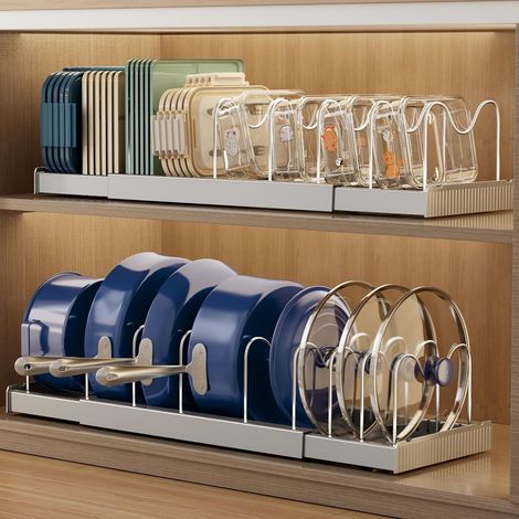 2 Pièces Rangement Casserole Cuisine, Extensible Range Couvercle avec 9 Séparateurs Réglables, 32-57CM Porte Support Couvercle Casserole, Rangement Poele et Casseroles Placard (Gris) (1/5)