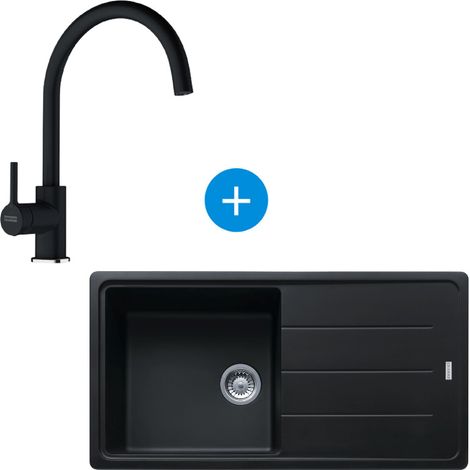 Franke Set base Lavello 97x50cm con scolapiatti reversibile, Fragranit +, Onyx + Miscelatore a collo di cigno in Fragranit