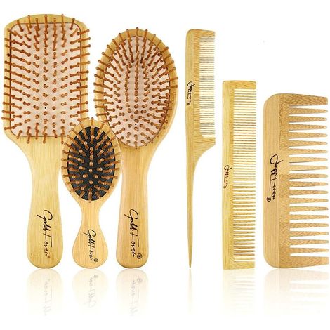 Brosse à cheveux en bambou Manche en bambou avec poils en bambou Ensemble de brosse à cheveux avec peigne à queue, peigne à dents, peigne à double tête, peigne à coussin pour massage du cuir (1/5)