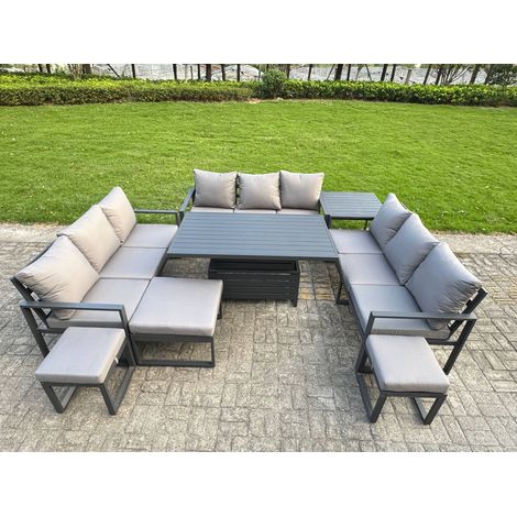 Fimous Aluminum Outdoor Patio Furniture Set Modern Patio Conversation Sets with Adjustable Rising Lifting Dining Table 3 Footstools Side Table Dark Grey (1/5)