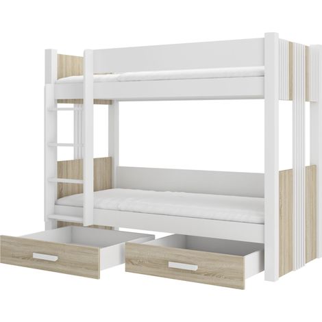 Lit superposé blanc et bois Sonoma 2 couchages 80x180 ou 90x200 avec tiroirs de rangement Luka-80x180 (1/5)