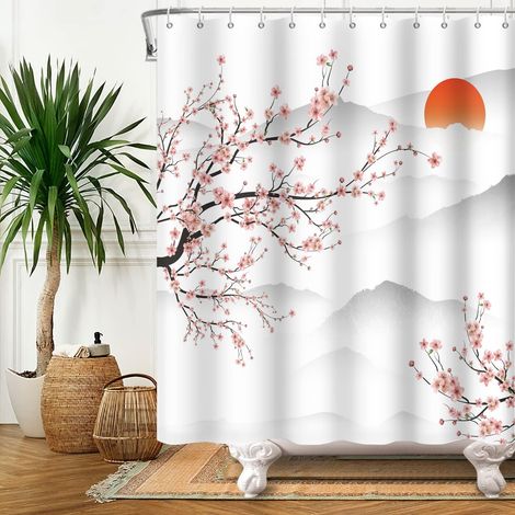 140x180cm Rideau de Douche Sakura Asiatique Rideau de Douche de Branche de pêche de Mont Fuji Japon Sunrise Mist Rideau de Salle de Bain pour Salle de Bain (1/5)