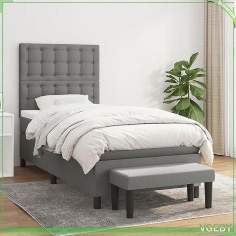Lit 1 place - 3136878 - Sommier à lattes - Matelas 90x190 20 cm - Tissu gris foncé (1/5)