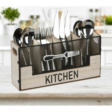 Modèle principal A Porte-couverts en bois 4 compartiments, rangement à couverts pour table, rangement décoratif pour couverts, panier à couverts, porte-ustensiles de cuisine pour fourchettes (1/5)