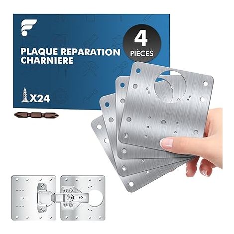 Lot de 4 Plaques de Réparation de Charnière de Porte, Kit en Acier Inoxydable avec 24 Vis, pour la Réparation de Portes d'Armoire, d'Armoires, d'Etagères - 9×9 cm (1/5)