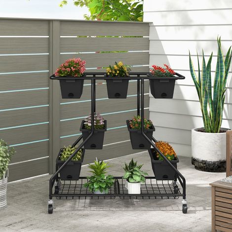 Jardinière Surélevée Vertical avec 7 Bacs de Plantation Trous de Drainage Paniers de Rangement 4 Roulettes Verrouillables 100x56x99cm Noir (1/3)