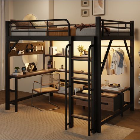 Hochbett 140x200 cm schwarz aus Metall und MDF mit Schreibtisch, LED-Lichtleiste, Stauraum und USB-Anschluss (1/5)