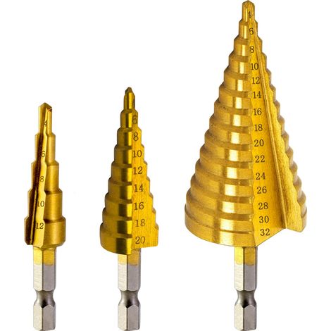 Lot de 3 foets à échelons spialés HSS Faise conique en titane cobalt pou effectue un tou de foage en bois acie métal plastique laiton 4-12 mm/4-20 mm/4-32 mm (1/5)