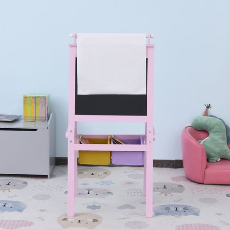 Caballete infantil 3 en 1: pizarra de doble cara, pizarra blanca, rollo de papel con accesorios y cestas de almacenamiento integradas. Fabricado en MDF rosa.