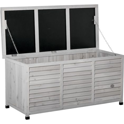 Baule da Esterno in Legno di Abete con Base Rialzato e Coperchio, Cassapanca Contenitore da Esterno Impermeabile, 127x56x60 cm, Grigio