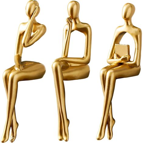 Set di 3 statuette di pensatori in resina dorata, scultura astratta moderna, statua di pensatore seduto per casa, ufficio, biblioteca