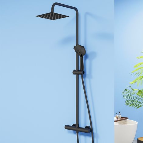 Set doccia a pioggia 20cm con miscelatore termostatico, asta Regolabile 75-125cm e doccetta con 3 modalità d'uso, nero opaco
